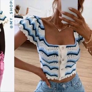 New Zara Crochet Knit Top Blue Green